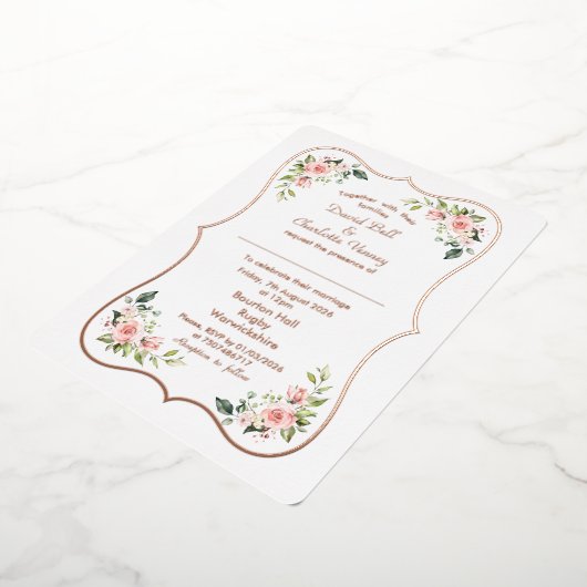 Charmante Roze Bloemen Roos Goud Lijst bruiloft Folie Uitnodiging (Gedraaid)