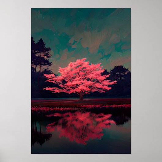 Charmante Roze Boom bij het Reflecterende Meer Poster (Voorkant)