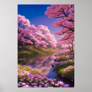 Charmante Sakura Bomen bij de Silent River Poster