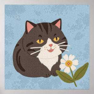 Charmante Schattigee grijze kat met een kamilleblo Poster