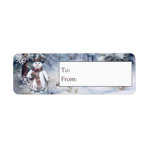 Charmante Sneeuwman Waterverf Winter Forest Gift Etiket