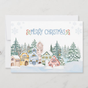 Charmante Snowy Village Waterverf Kerst Feestdagenkaart