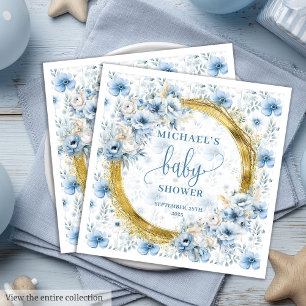 Charmante stoffige blauwe bloemen gouden baby show servet