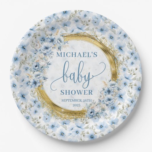 Charmante stoffige blauwe bloemen gouden jongen ba papieren bordje (Voorkant)