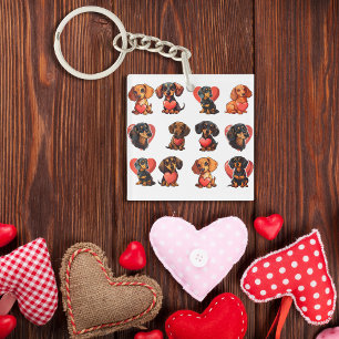 Charmante teckel met Red Heart Waterverf Sleutelhanger