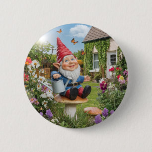 Charmante Tuin Gnome met Watering Can Ronde Button 5,7 Cm