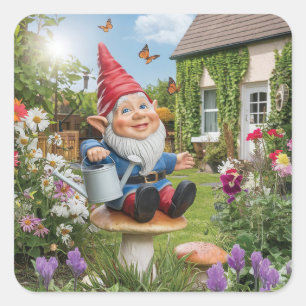 Charmante Tuin Gnome met Watering Can Vierkante Sticker