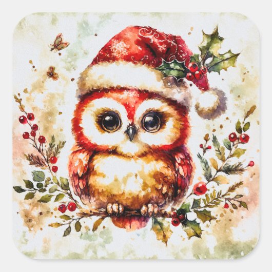 Charmante vintage kerst uil vierkante sticker (Voorkant)
