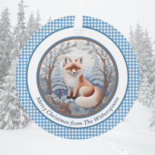Charmante vos in Blue Forest Gingham Kerstmis Ornament