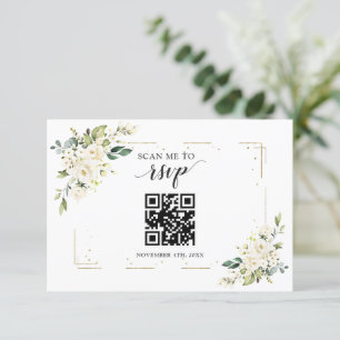 Charme Blanc Floral Or QR Code Mariage Carte RSVP