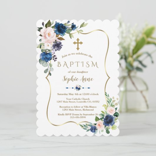 Charme Blush Klassieke Blauwe Bloemen Gouden Meisj Kaart (Staand voorkant)