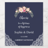 Charme Blush Roze Bloemen Kant Navy Bruiloft Wijn Etiket (Enkel label)