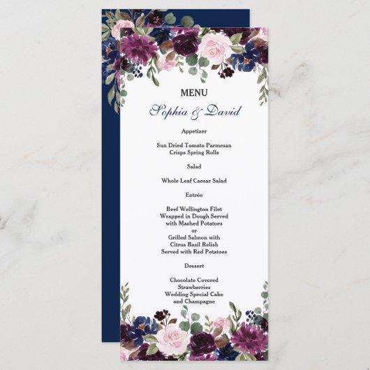 Charme Lavande Marine Bleu Floral Fleuron Menu (Devant / Derrière)