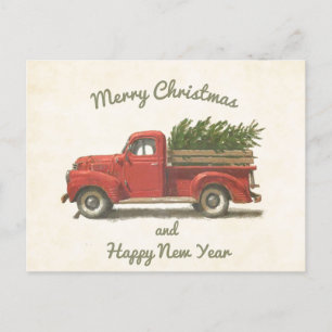 charme: rode truck met kerstboom briefkaart