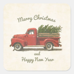 charme: rode truck met kerstboom vierkante sticker