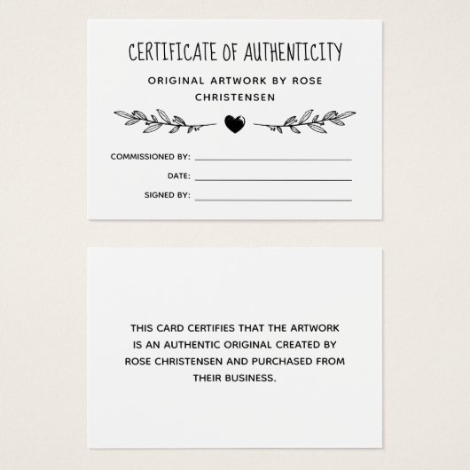 Charme vert Certificat d'authenticité (Devant & derrière)