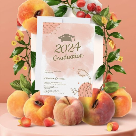 Charmerende unieke fuzz perzik afstudeer uitnodigi kaart