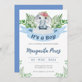 Charming Baby Boy Elephant Illustration Invitation (Devant / Derrière)