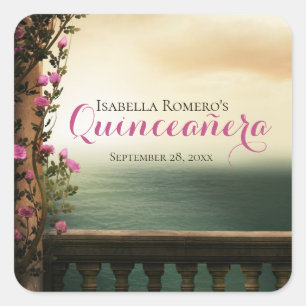 Charming Balcony met roze Roses Beach Quinceañera Vierkante Sticker