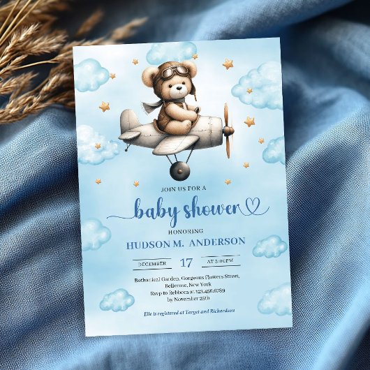 Charming Blue Brown Teddy Bear Pilot Baby Shower Kaart