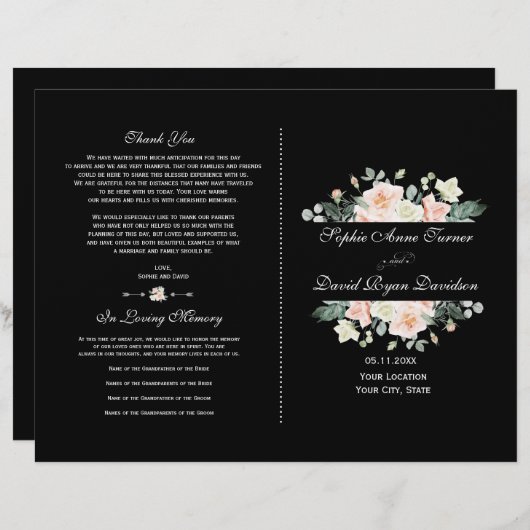Charming Blush White Floral Black Wedding Programm (Voorkant / Achterkant)