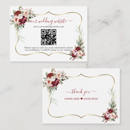 Charming Burgundy Flowers QR Code Wedding Informatiekaartje (Voorkant / Achterkant)