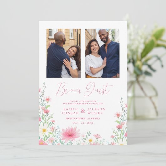 Charming Delicate Pink Shades Wildflowers 2 Photos Save The Date (Staand voorkant)