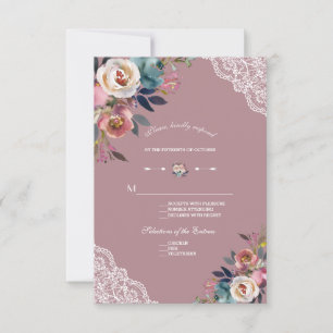 Charming Dusty Blue Dusty Roos Floral Wedding RSVP Kaartje