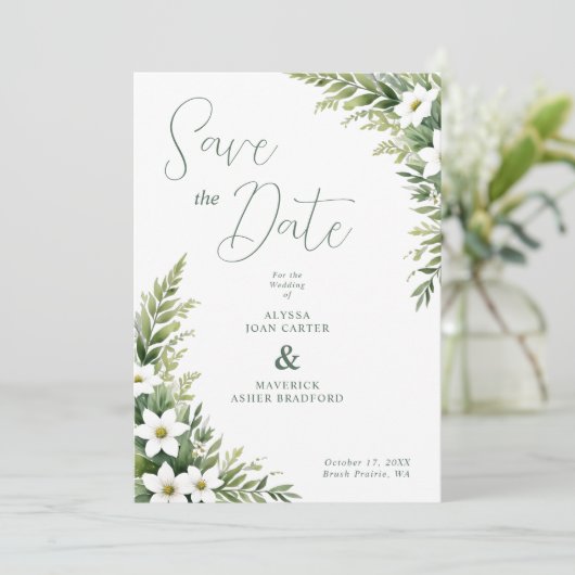 Charming Exuberant Green Foliage Garland Wedding Save The Date (Staand voorkant)