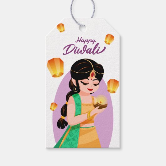 Charming Indian Girl with Floating Lanterns Diwali Cadeaulabel (Voorkant)