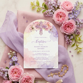 Charming Lavender Glitter Floral Cross Baptism Kaart