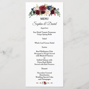 Charming Merlot Navy Blue Floral Wedding Menu