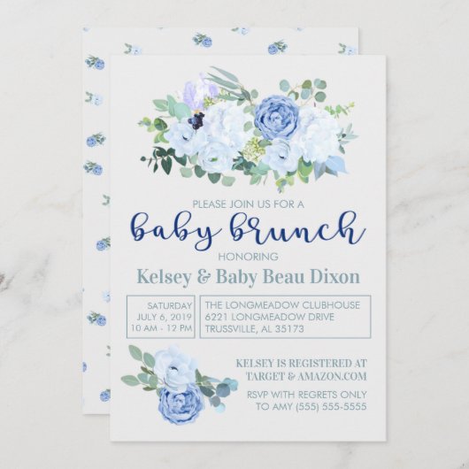 Charming & Modern Blue Floral Brunch Uitnodiging (Voorkant / Achterkant)