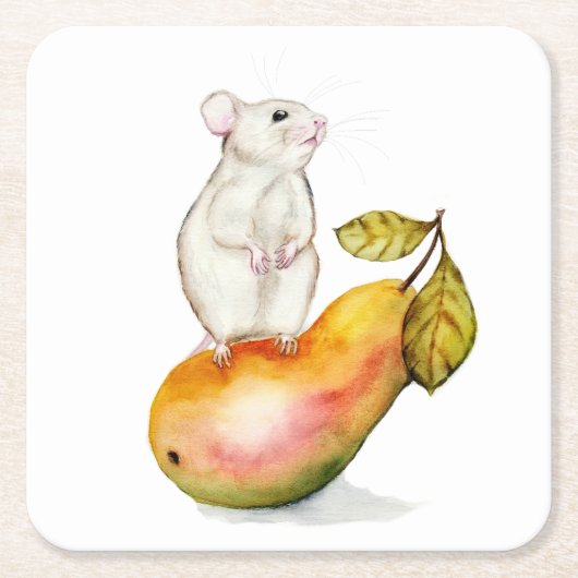 Charming Mouse on a Pear Vierkante Kartonnen Onderzetter (Voorkant)