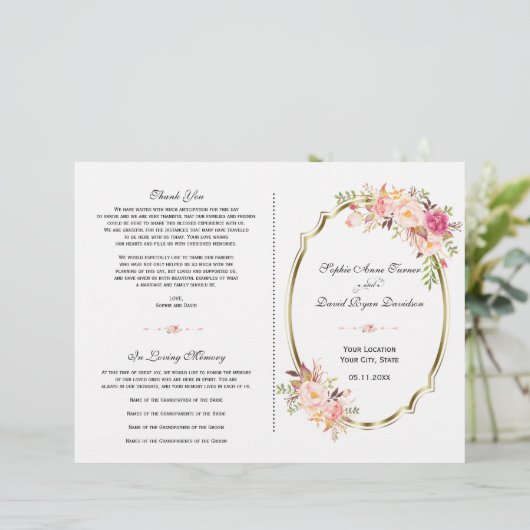 Charming Pink Blush Floral Programme de mariage or (Debout devant)