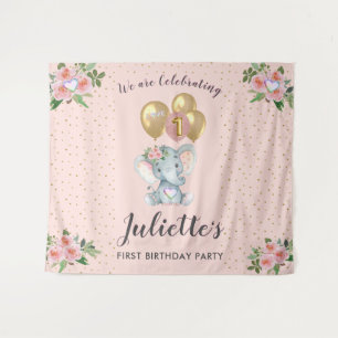 Charming Pink Floral Elephant First Birthday Girl Wandkleed