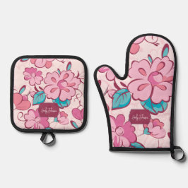 Charming Pink Flower Kitchen Custom Name Ovenwant & Pannenlap Set