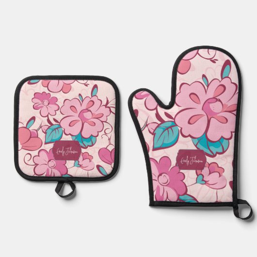 Charming Pink Flower Kitchen Custom Name Ovenwant & Pannenlap Set (Voorkant)