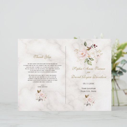 Charming Pink Gold Flowers Programme de mariage de (Debout devant)