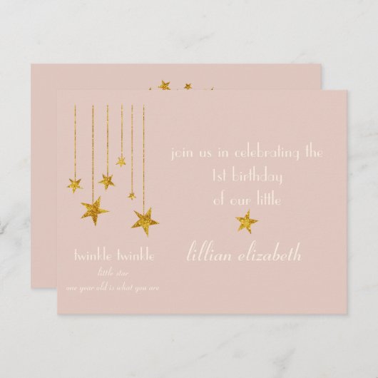 Charming Pink & Gold Twinkle Twinkle Invitation (Devant / Derrière)