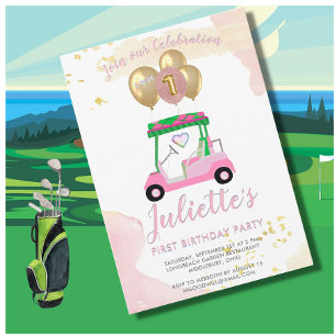 Charming Pink Golf Cart First Birthday Girl Kaart