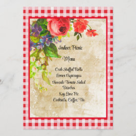 Charming Red Gingham and Flowers Menu Kaart