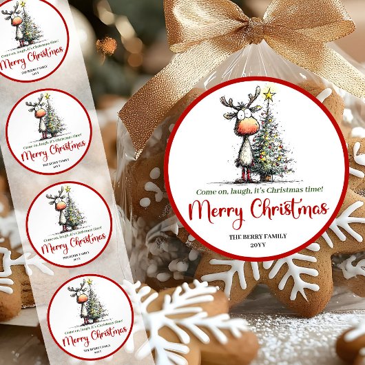 Charming reindeer funny whimsical Xmas sticker