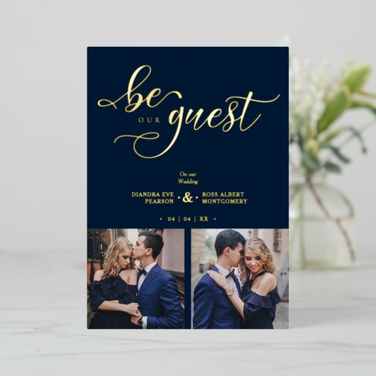 Charming Romantic Whimsy Script Navy Blue Folie Uitnodiging (Staand Voorkant)