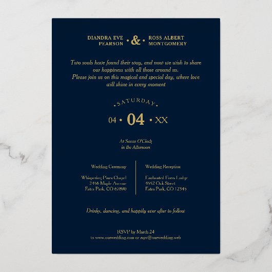 Charming Romantic Whimsy Script Navy Blue Folie Uitnodiging (Achterkant)