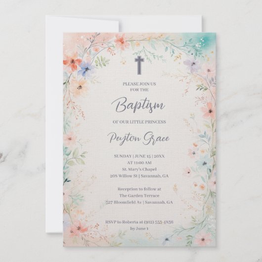 Charming Soft Botanical Floral Frame Baptism Kaart (Voorkant)