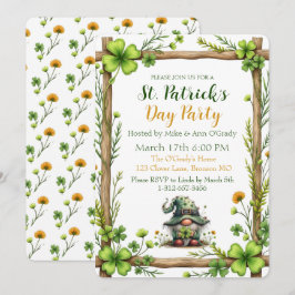 Charming Spring Clover & Gnome Invitation  Kaart
