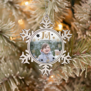 Charming Trendy Joy Holiday Foto Tin Sneeuwvlok Ornament