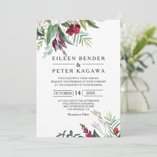 Charming Tropical Floral and Greenery Wedding Kaart (Staand voorkant)