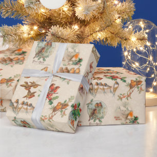 Charming Vintage Kerstvogels en Holly Cadeaupapier